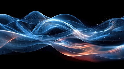 Poster - dynamic blue and orange waves of light flow gracefully against a black background, creating an ether