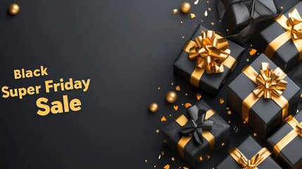 Sticker - Black Friday Sale   Gold Ribbon Gift Boxes On Black Background