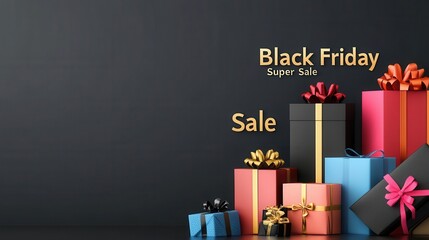 Wall Mural - Black Friday Super Sale Gift Boxes with Gold Ribbon