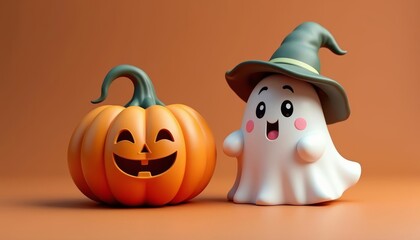 Canvas Print -  Halloween spirit with a friendly ghost and a carved pumpkin