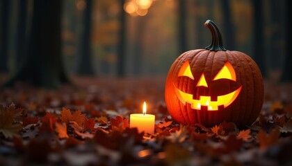 Sticker -  Autumns glow  A jackolantern and candle light up the forest floor