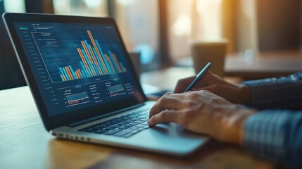 A close-up of a business development professional analyzing market data on a laptop, with graphs and analytics tools visible on the screen