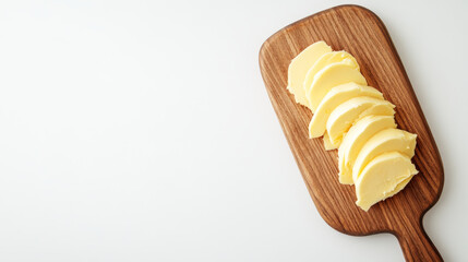 A wooden board with slices of delicious butter, set against a plain white background.