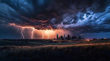 Lightning forks through a stormy sky, hitting a distant city skyline and illuminating the dramatic, dark clouds. The scene is charged with an electrifying energy, with the bright flashes of 