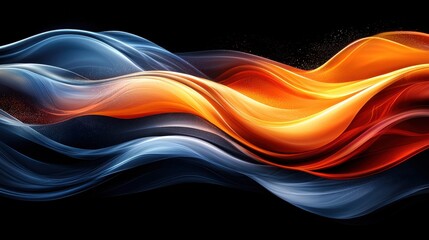 Poster - Vibrant abstract waves of orange, blue, and gray flowing dynamically against a dark background, creating a sense of movement and energy