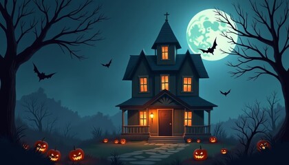 Wall Mural -  Spooky Halloween House with Bat and Pumpkin Decorations