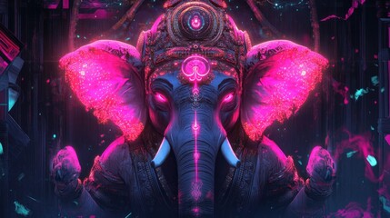 A digital art piece showcasing a modern Ganesh design, combining traditional elements with futuristic textures and colors, glowing with neon accents