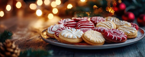 Delicious festive cookies decorated with red and white icing, perfect for holiday gatherings and celebrations, set against twinkling lights.