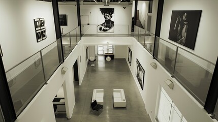 Top-down view of a minimalist modern art gallery with white walls and a single artwork displayed in the center