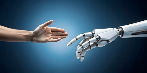 White cyborg robotic hand pointing to human hand cyber la creation isolated on free background