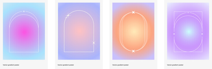 Poster - Abstract colorful blurred gradient cover template design set for poster, brochure, home decor, presentation. Cute and minimal style. Posters with geometric shapes and stars. Smooth circular gradient