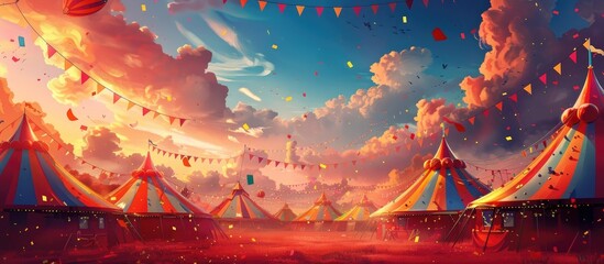 Vibrant and whimsical carnival unfolding under a dramatic sunset sky with rows of colorful tents fluttering festival flags and a sense of adventure and magic in the air