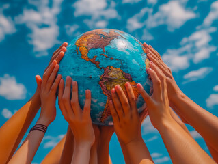 Wall Mural - Hands holding globe on blue sky background. Global warming concept.