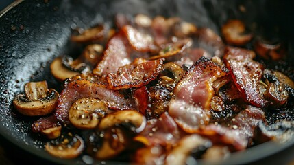 Close up of golden crispy bacon frying alongside chopped mushrooms and onions the ingredients blending together as a delicious aroma rises from the pan