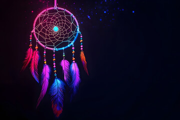 Neon dream catcher with feathers and beads isotated on black background.