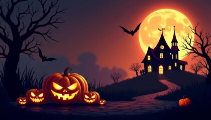 Wall Mural -  Enchanted Halloween night with glowing jackolanterns and a mysterious mansion