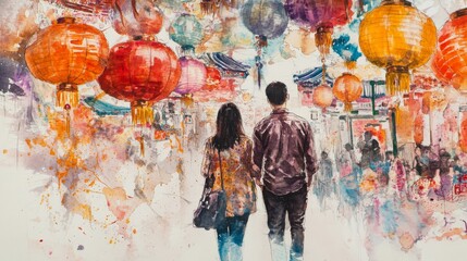 A man and a woman are leisurely strolling down a street, while beautiful lanterns illuminate the background, creating a warm atmosphere