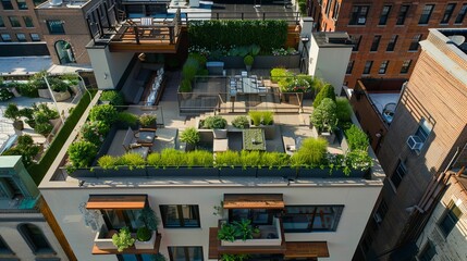 High-angle view of a rooftop garden with various potted plants and chairs, showcasing the harmonious blend of urban greenery and relaxation space in a city environment. 