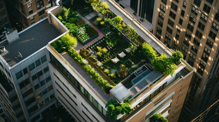 High-angle view of a rooftop garden with various potted plants and chairs, showcasing the harmonious blend of urban greenery and relaxation space in a city environment. 