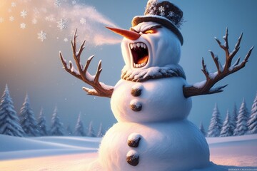 Wall Mural - An angry snowman in a black hat and scarf against the backdrop of a snowy forest.