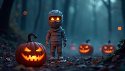 Sticker -  Eerie Halloween scene with mummy and jackolanterns