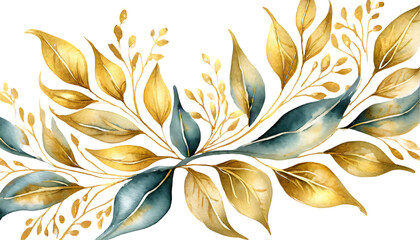 Wall Mural - Hand Painted Floral Leaves Golden Decoration. Generative AI.