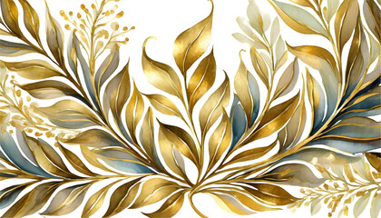 Wall Mural - Hand Painted Floral Leaves Golden Decoration. Generative AI.