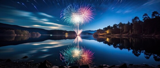 Wall Mural - Fireworks Over a Serene Lake