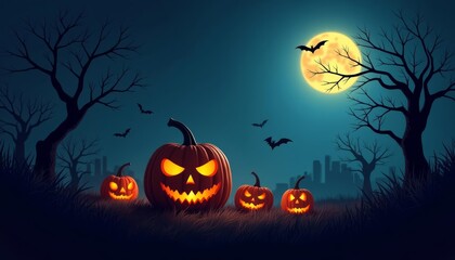 Poster -  Spooky Halloween scene with jackolanterns and bats under a full moon