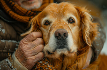 Wall Mural - A man is holding a dog with a scarf around its neck. The dog has a brown nose and is looking at the camera