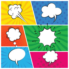 Poster - Rays, radial, halftone, dotted effects. dialog bubbles. empty comic speech clouds design. colorful comic pop art background with blank dialog box