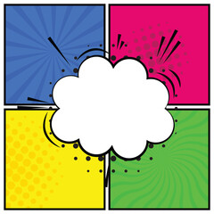 Poster - Comic pop art background with blank balloons. empty comic speech clouds. rays, radial, halftone, dotted effects. comic books dialog box