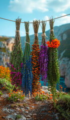 Wall Mural - A bunch of flowers are hanging on a line, with some of them being purple and some being orange. Medicinal herbs. Traditional methods of treatment.