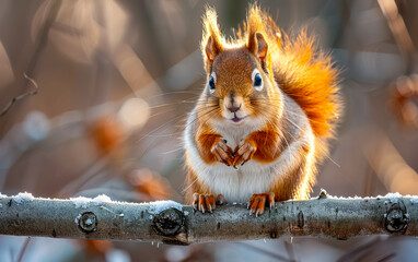 Wall Mural - A squirrel is sitting on a branch in the snow. The squirrel is looking at the camera and he is curious