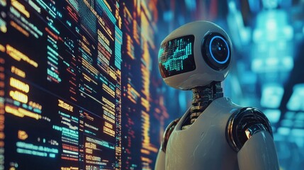 Poster - AI robots monitor financial data, using machine learning to make rapid trading decisions, highlighting the future of finance.