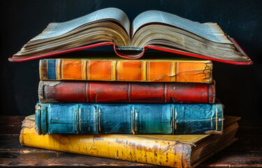 A stack of old books with a blue book on top