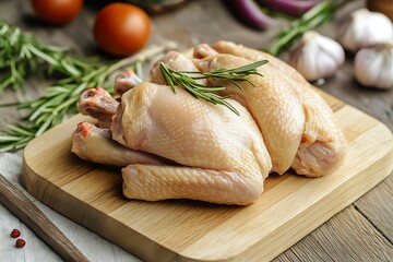 Raw chicken leg on a wooden board, isolated on white background