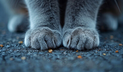 Wall Mural - A cat's paw is shown in a close up. The paw is gray and has a few black spots. The cat is standing on a gray surface, which could be a sidewalk or a road