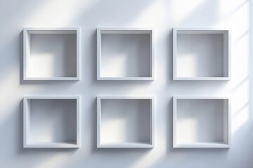 3d wall niches. Representation of empty shelving, exhibition spaces, or showcase models. Item display in a studio, gallery, retail, or showroom featuring realistic rectangular alcoves on a white wall