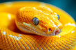 © Анна Терелюк - A yellow snake with a black eye is shown in the image. The snake is curled up and he is resting. The image has a calm and peaceful mood, as the snake is not in motion and is simply resting