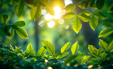 A lush green forest with sunlight shining through the leaves. Concept of tranquility and serenity, as the sunlight filters through the leaves, creating a peaceful and calming atmosphere