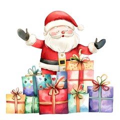 Wall Mural - Watercolor Christmas Santa Claus with Gift Boxes