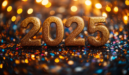 A glittery gold number twenty-five on a black background. The glittery letters are surrounded by a colorful and sparkling background, creating a festive and celebratory atmosphere