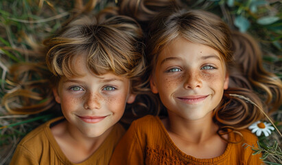 Wall Mural - Two young girls are laying on the grass, smiling and looking at the camera. Scene is happy and carefree