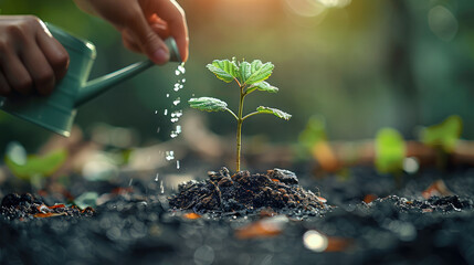 Aufkleber - A small tree growing from the ground, beside the tree is a hand holding a watering can watering the tree. Generative AI.