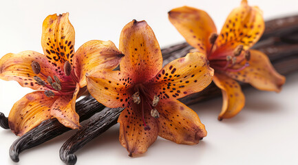 Wall Mural - Three orange flowers with brown spots are on top of some vanilla beans. The flowers are arranged in a way that they are almost touching the vanilla beans