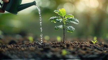 Aufkleber - A small tree growing from the ground, beside the tree is a hand holding a watering can watering the tree. Generative AI.