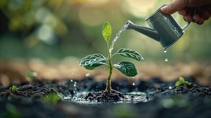 Aufkleber - A small tree growing from the ground, beside the tree is a hand holding a watering can watering the tree. Generative AI.
