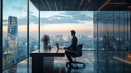 Poster - Business man working in modern meeting room with large glass windows overlooking a cityscape. Generative AI.