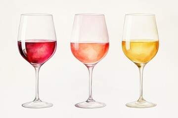 Poster - 3 glasses of wine in red, pink, and yellow, watercolor illustration set on a light background in gentle pastel tones